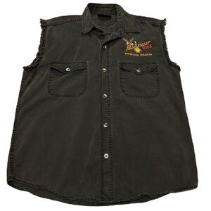 Vintage Y2k‎ Denim Shirt Adult Size S Sleeveless Frayed Embroidered Biker Moto